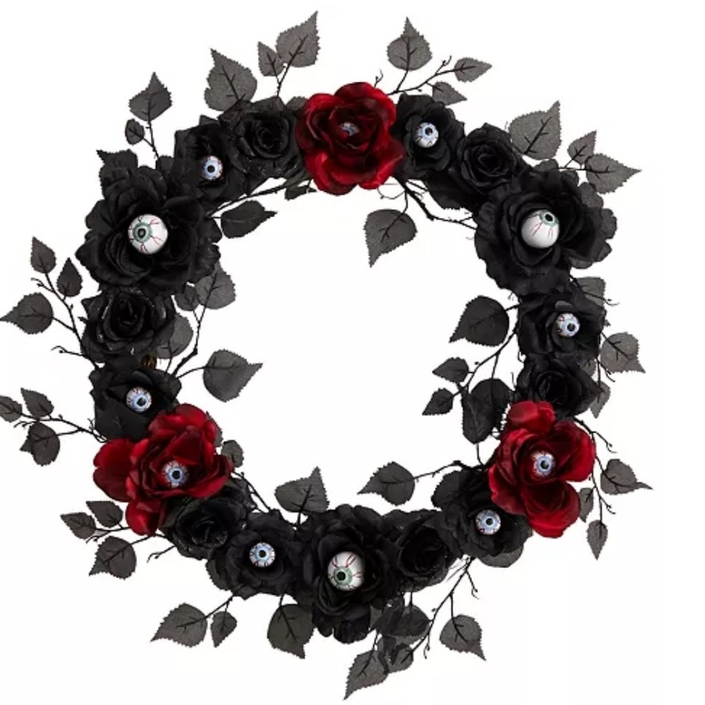 🕸️🕷️🦇🌹👁️ 24" Eyeball Rose Halloween Artificial Wreath